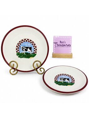 Century Stoneware FANNIE'S FARM Cow Center Maroon Checks Salad Plates Set of 2